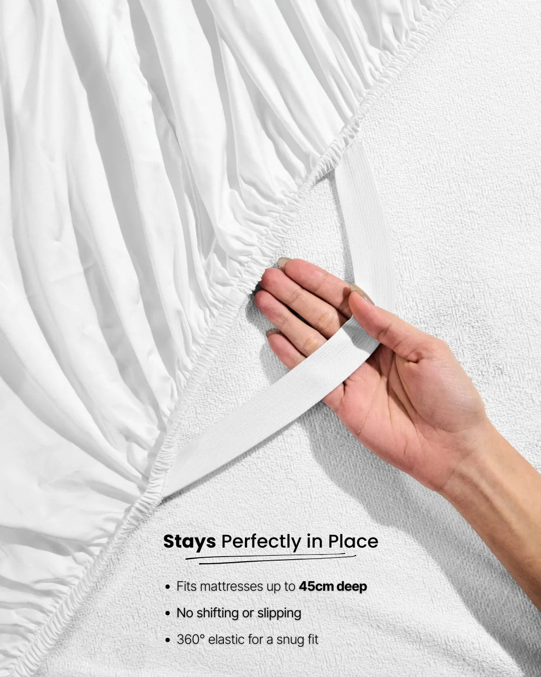 Hand holding a fitted sheet with text on mattress support
