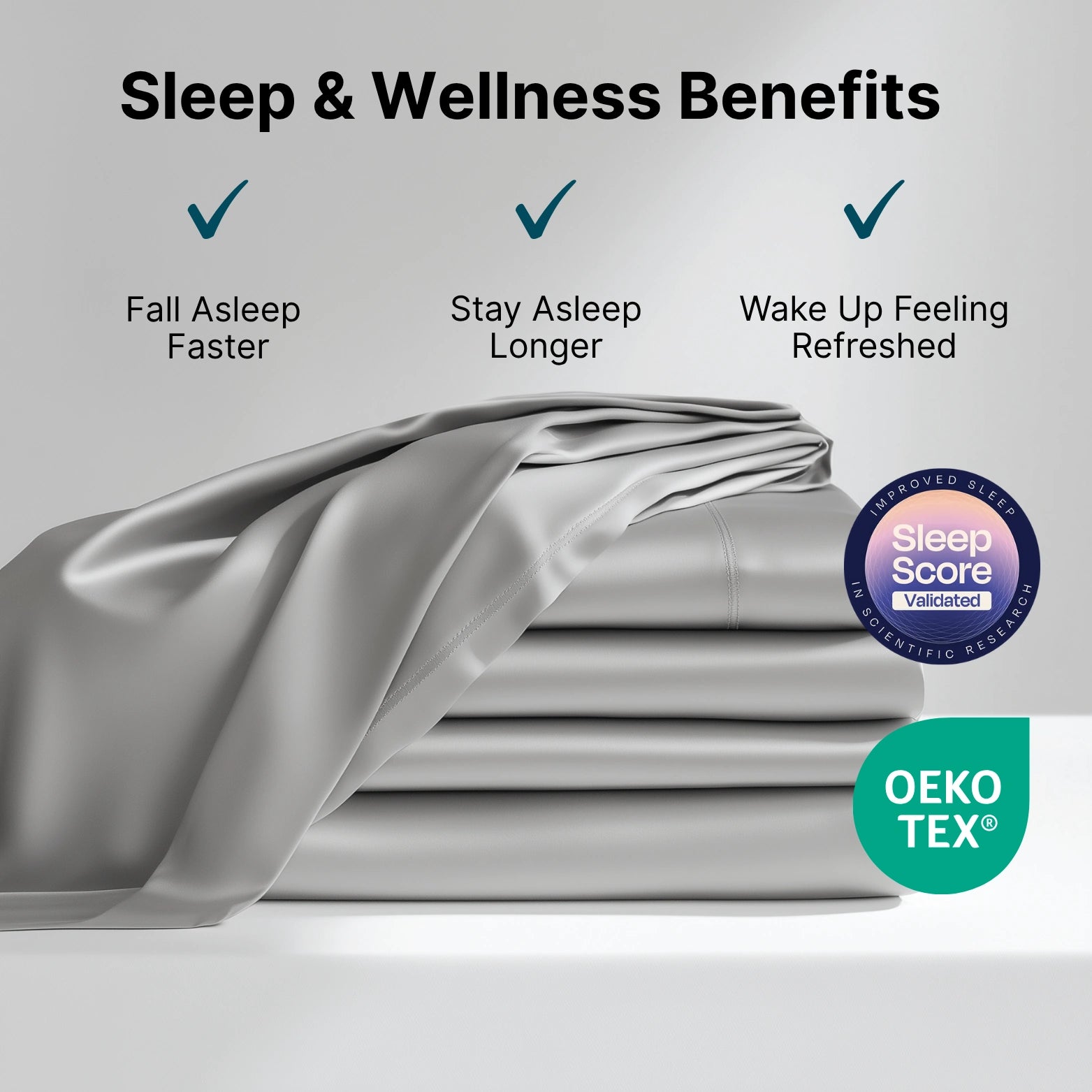 Bamboo sheets infused with eucalyptus promoting deeper, cleaner sleep. Wellness benefits include improved air quality, cooling comfort, and relaxation support.